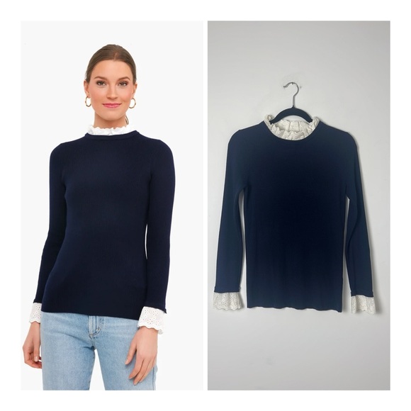 Tuckernuck Navy Rosemary Eyelet Lace Ribbed Crewneck Sweater Feminine Preppy M - Picture 1 of 12